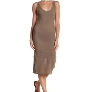 Michael Stars M Tank Mesh Dress Olive Green Stretch Knit Sleeveless Midi